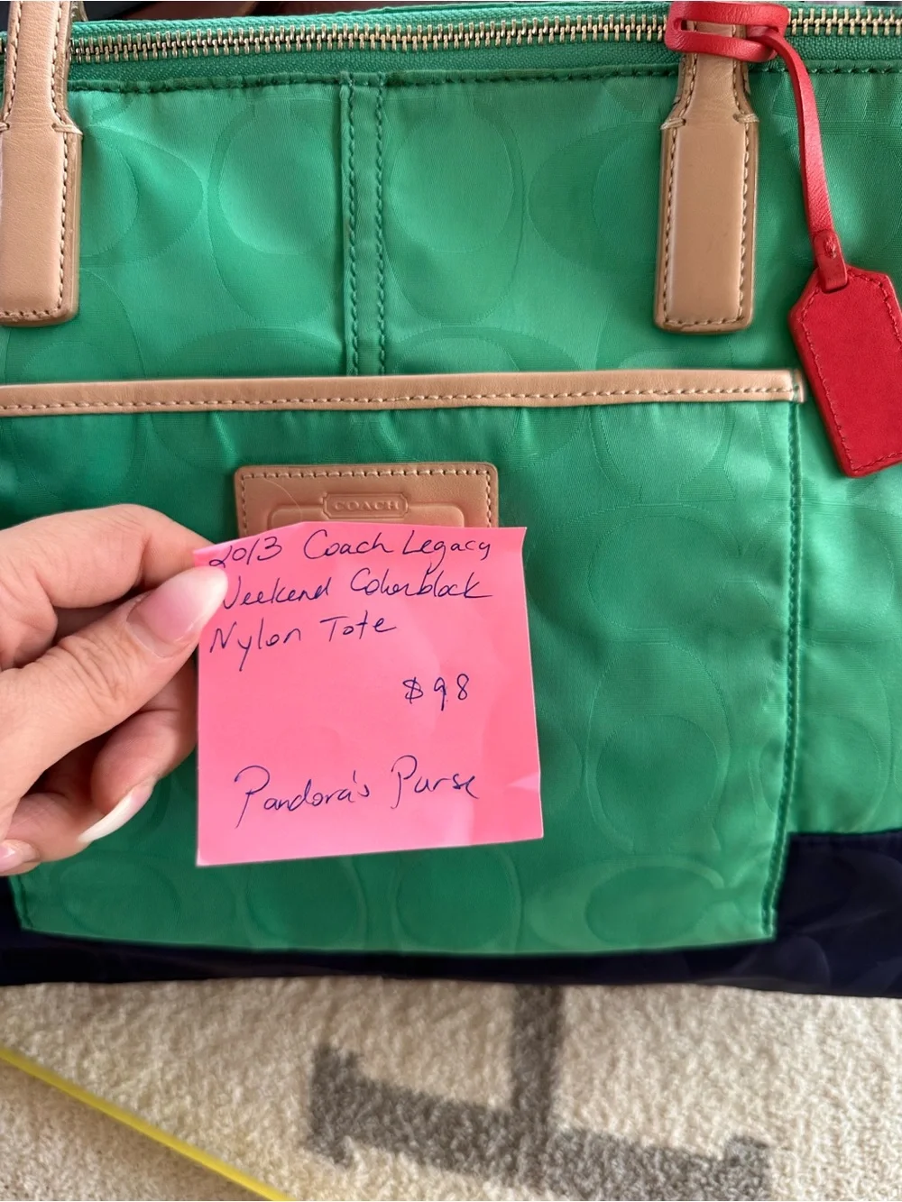 Coach Green Nylon Tote with Tan Handles and Navy Base